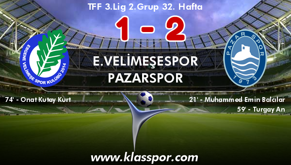 E.Velimeşespor 1 - Pazarspor 2